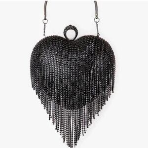 Black Rhinestone Fringe Heart Shaped Wristlet Purse New In Box